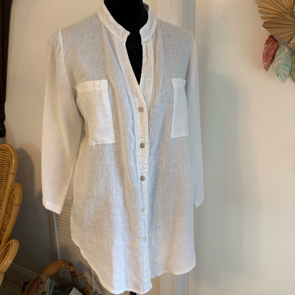 KALYPSA ROSE Paris White Linen Shirt Top with tiny clear sequin embellishment